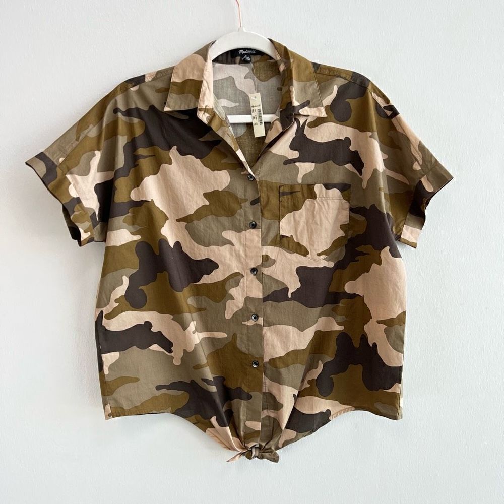 Madewell Cottontail Camo Short Sleeve Button Tie Front Shirt Womens XXS NWT
